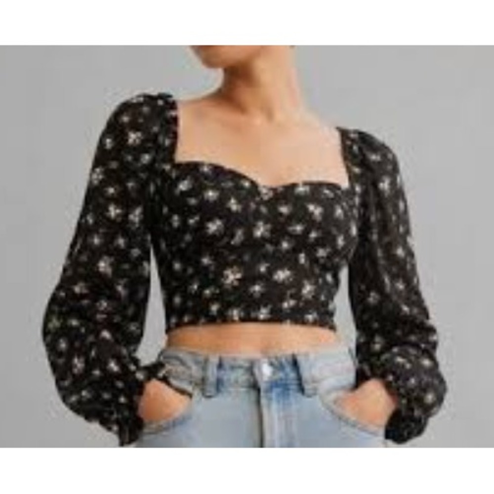 H&M Black Floral Linen Blend Sweetheart Neck Smocked Crop Top Long Sleeve Small